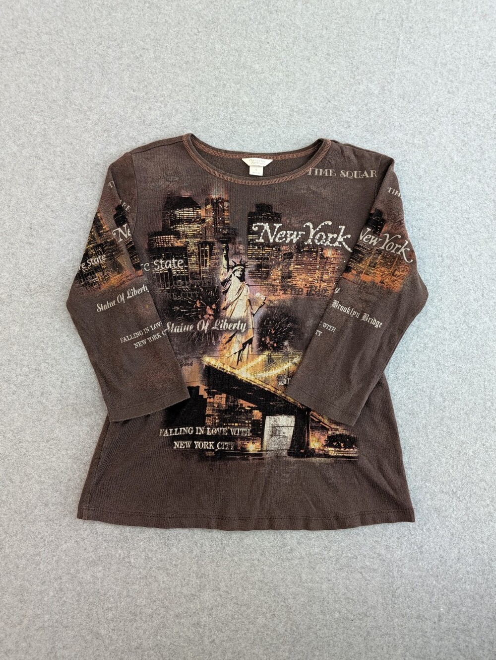 Y2K Christopher & Banks S Top Brown All Over Print Graphic New York Embellished